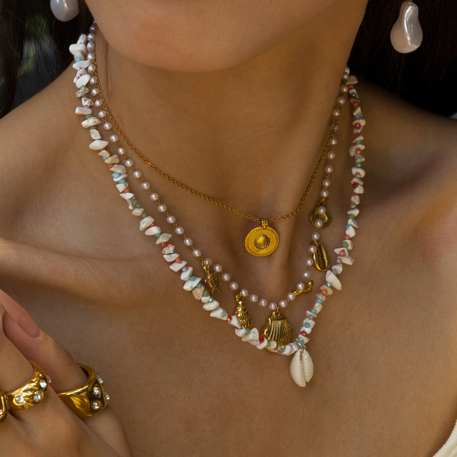 1 Piece Shell Natural Stones Gold Color Beaded Necklace Picture3