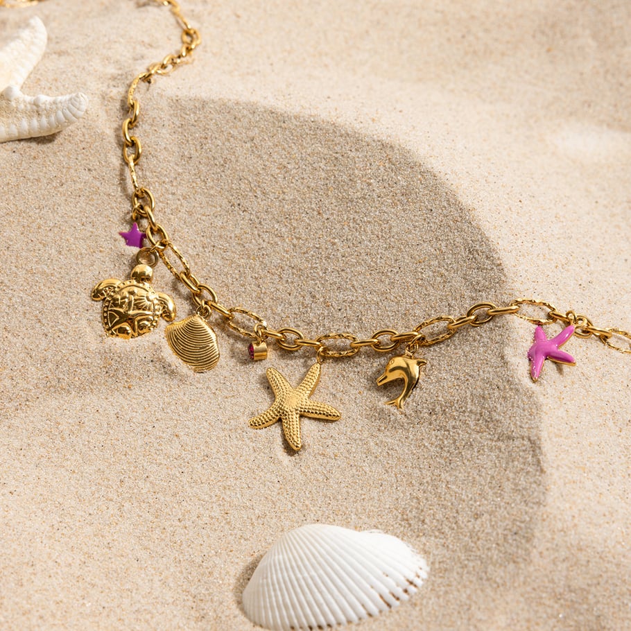 Collier avec pendentif en acier inoxydable doré pour femme, motif organisme marin, 1 pièce Image5