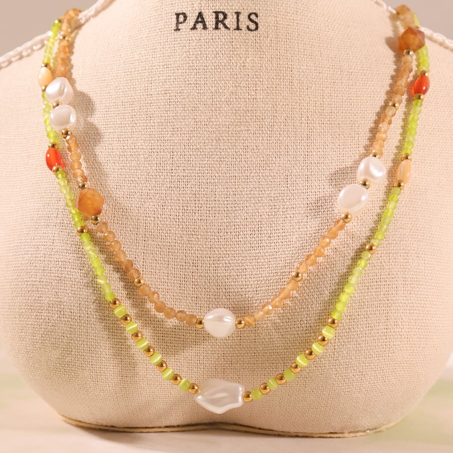 1 collar elegante de cuentas con piedras naturales de color dorado para mujer. Imagen4