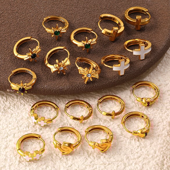 1 Pair Cross Stainless Steel Gold Color Hoop Earrings 2