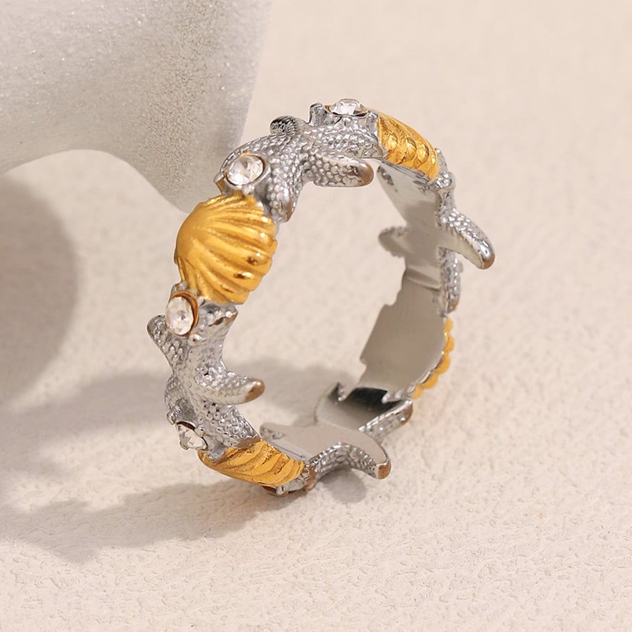 1 stuk ontwerpbare zeester en schelp roestvrij staal goudkleurige statement ringen Afbeelding4