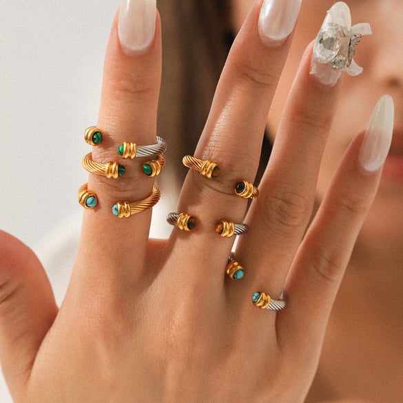 1 Piece Annular Shape Stainless Steel Gold Color Natural Stone Statement Rings 2