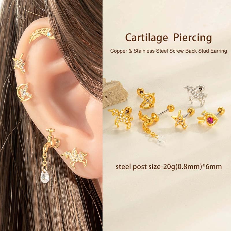 1 pieza de pendientes perforantes de unicornio de cobre, dorado y circonita para mujer. Imagen5