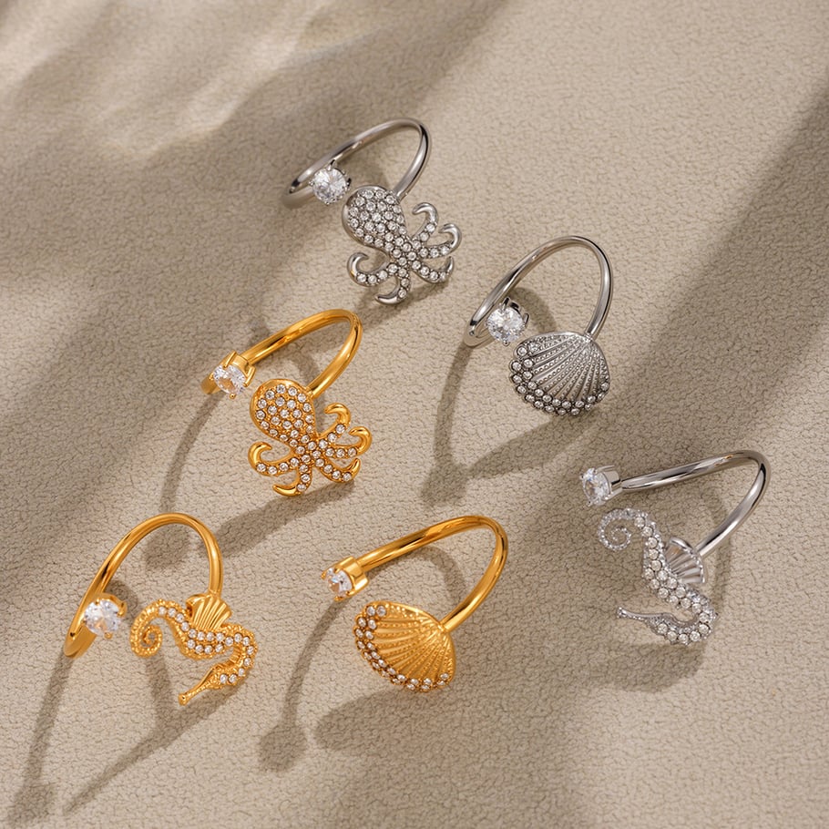 1 Piece Vacation Sea Horse Stainless Steel Gold Color Statement Rings Picture5