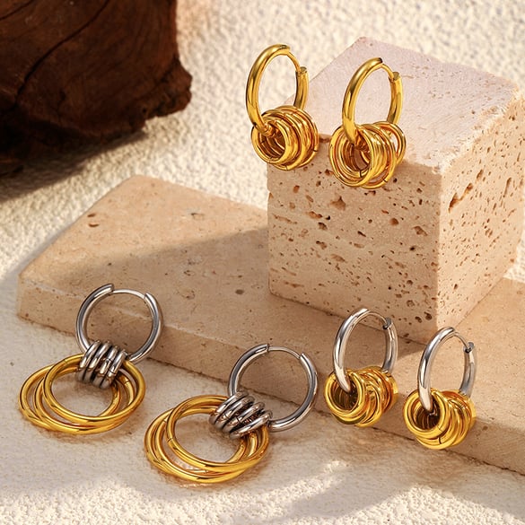 1 Paar einfache, kreisförmige Tropfenohrringe aus Edelstahl in Goldfarbe