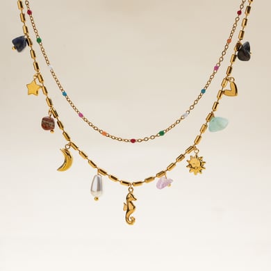 Collar en capas de acero inoxidable dorado con diseño de caballito de mar de vacaciones para mujer de 1 pieza h5 Imagen6