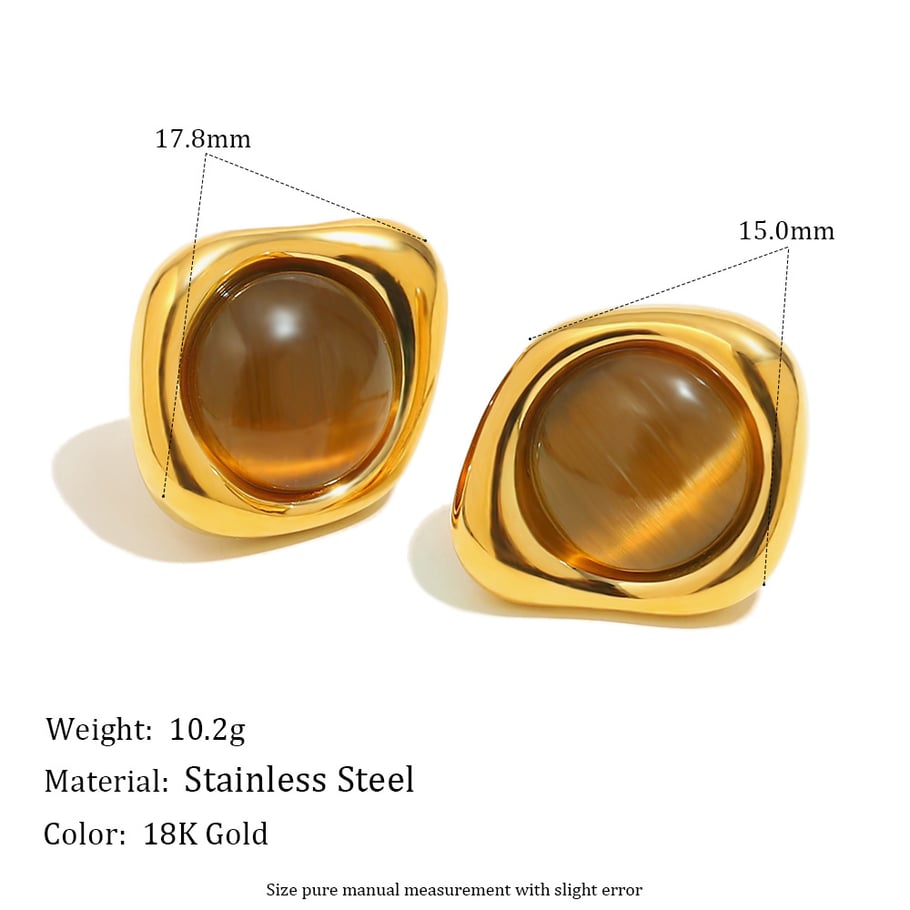 1 Pair Classic Annular Natural Stone Stainless Steel Gold Color Women's Stud Earrings h5Picture2