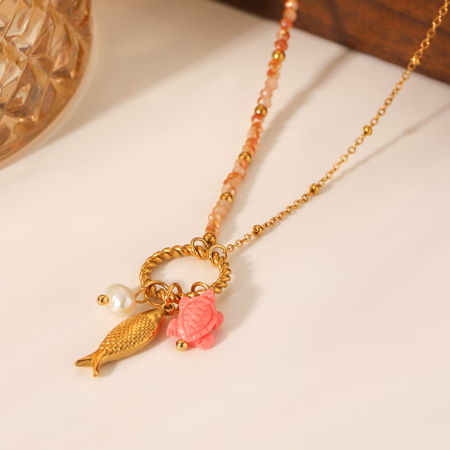 1 par de collares colgantes sencillos de acero inoxidable dorados con forma de tortuga para mujer Imagen6