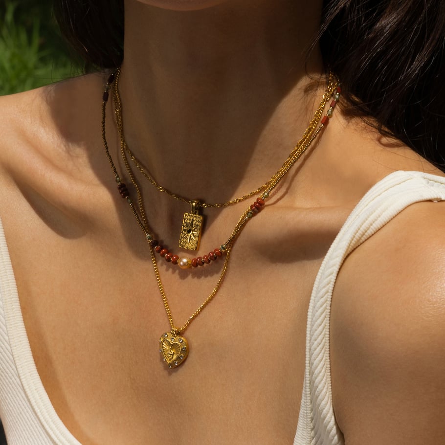1 Piece Retro Heart Natural Stones  Gold Color Pendant Necklace Picture3