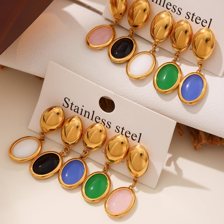 Set di collane da donna in acciaio inossidabile color oro con opale di forma ovale elegante da 1 pezzo Immagine6