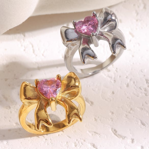Bague pour femme en acier inoxydable et zircone, série simple, joli nœud papillon, pierres précieuses 2
