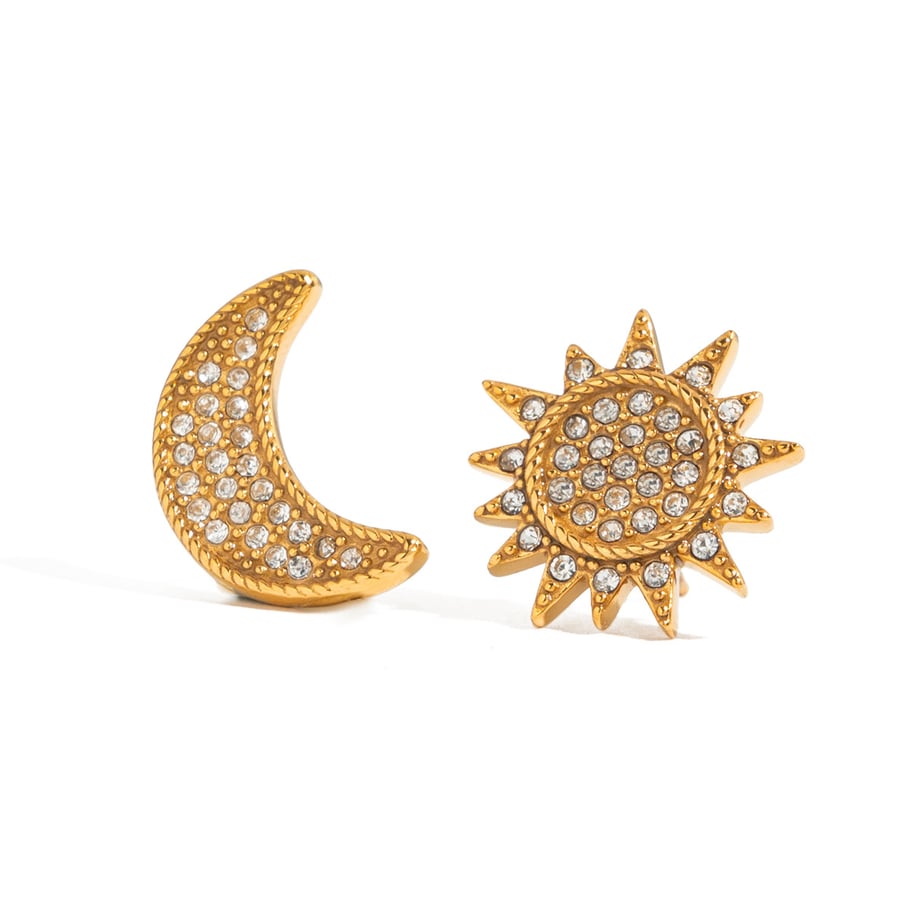 1 Pair Delicate Sun&Moon Stainless Steel Gold Color Women's Stud Earrings 