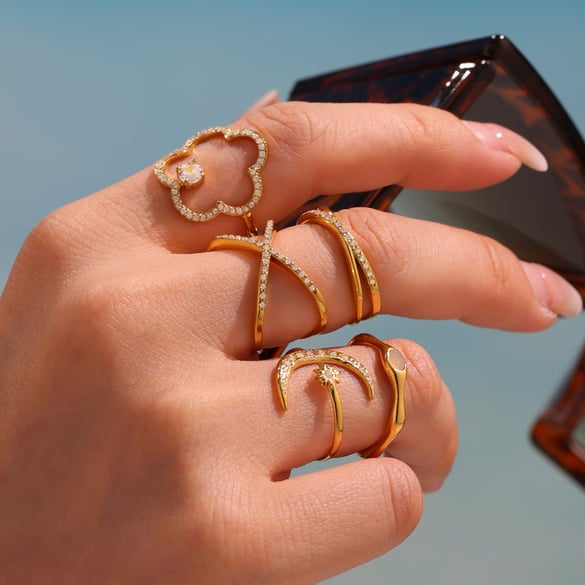 1 Piece Shinning Series Moon Stainless Steel Gold Color Statement Rings