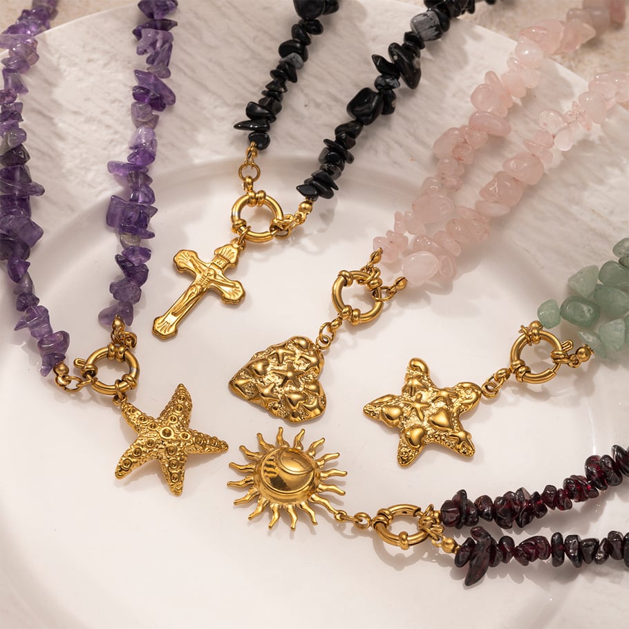 Collier pendentif croix cœur rétro en pierres naturelles couleur or 1 pièce Image4