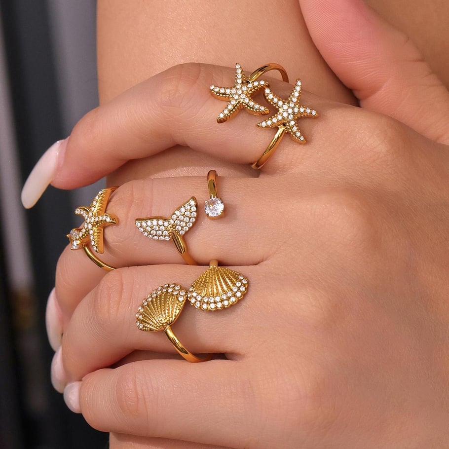 1 pezzo di anello con pietre preziose da donna in acciaio inossidabile color oro a forma di stella marina oceanica Immagine4