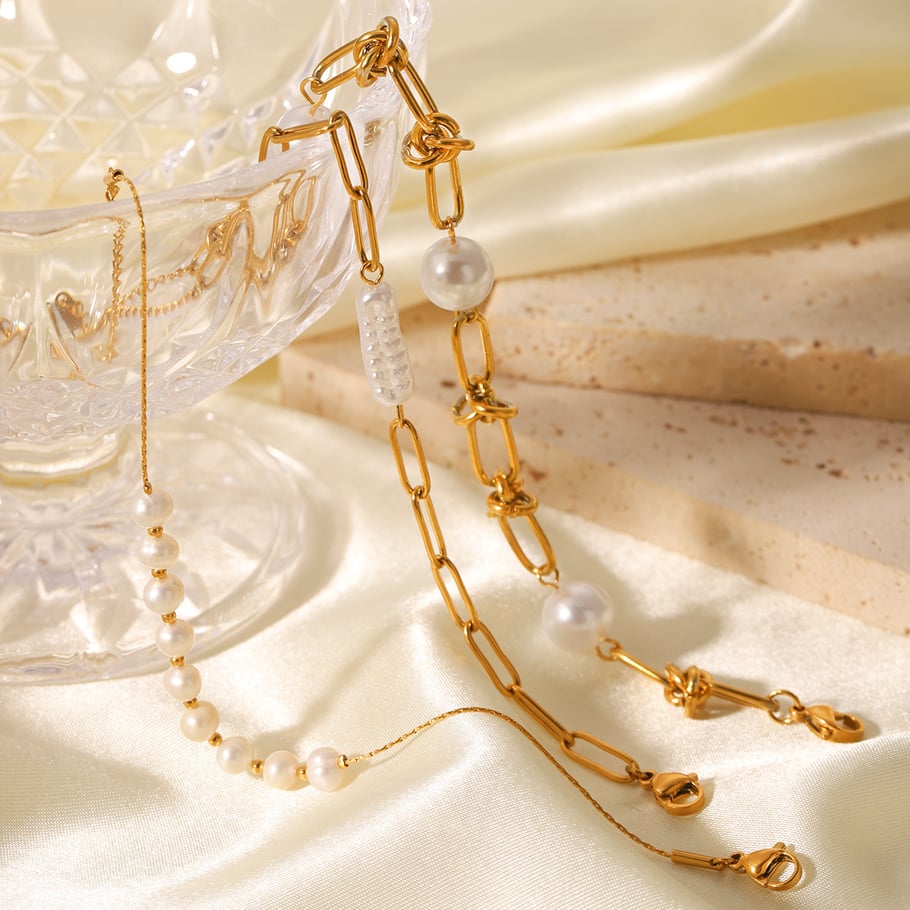 1 Pair Simple Series Daily Beads Stainless Steel   Gold Color  Pearl Women's Beaded Bracelets Picture3