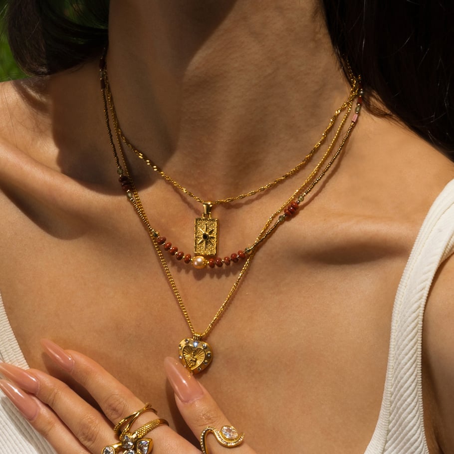 1 Piece Retro Heart Natural Stones  Gold Color Pendant Necklace Picture4