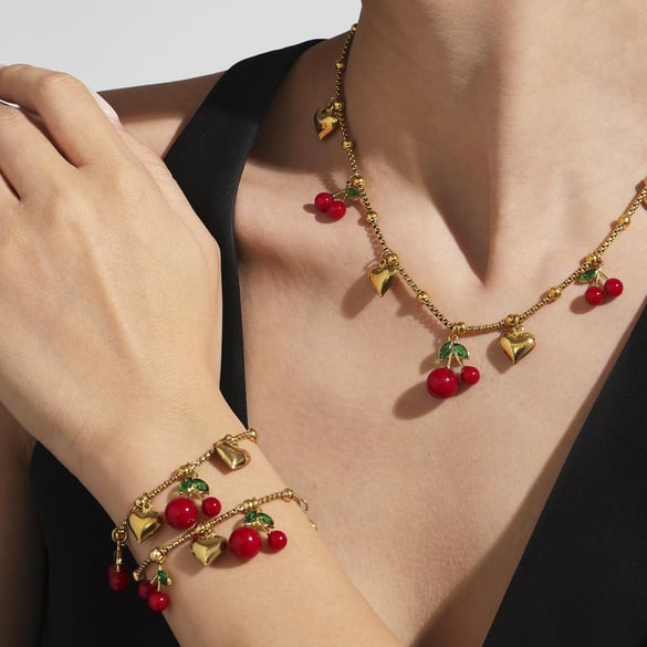 1 Piece Vivid Cherry Stainless Steel Gold Color Women's Jewelry Sets