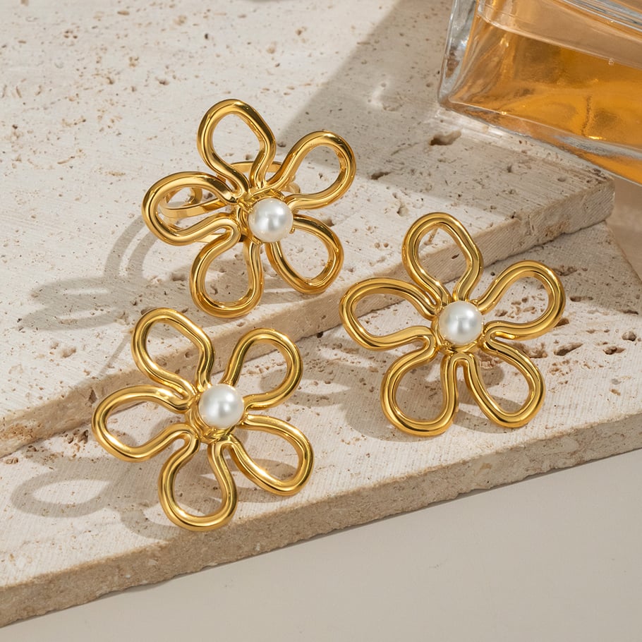 1 Paar romantische süße Blumen-Schmucksets aus Edelstahl in Goldfarbe für Damen Bild2