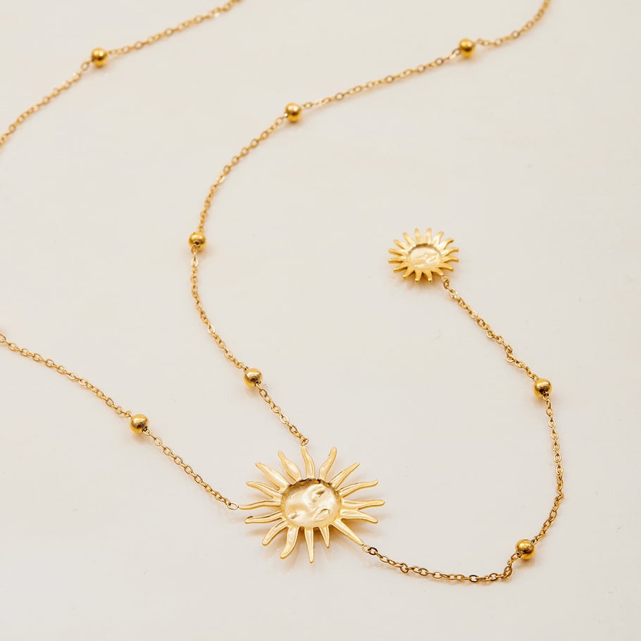 1 collar con colgante de cadena larga de acero inoxidable dorado con diseño de sol sexy para mujer Imagen7