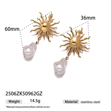 1 Pair Sun Stainless Steel  Gold Color Drop Earrings h5 