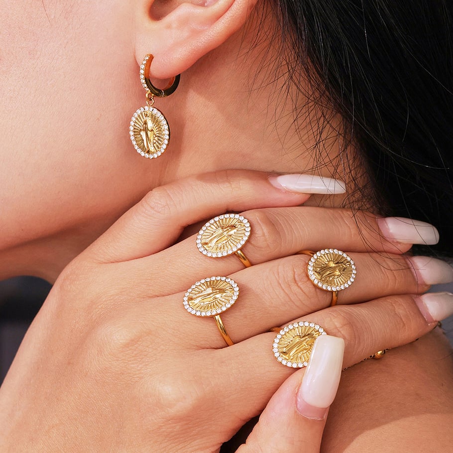 Set di gioielli da donna in acciaio inossidabile color oro con zirconi, 1 pezzo, con figura retrò Immagine5
