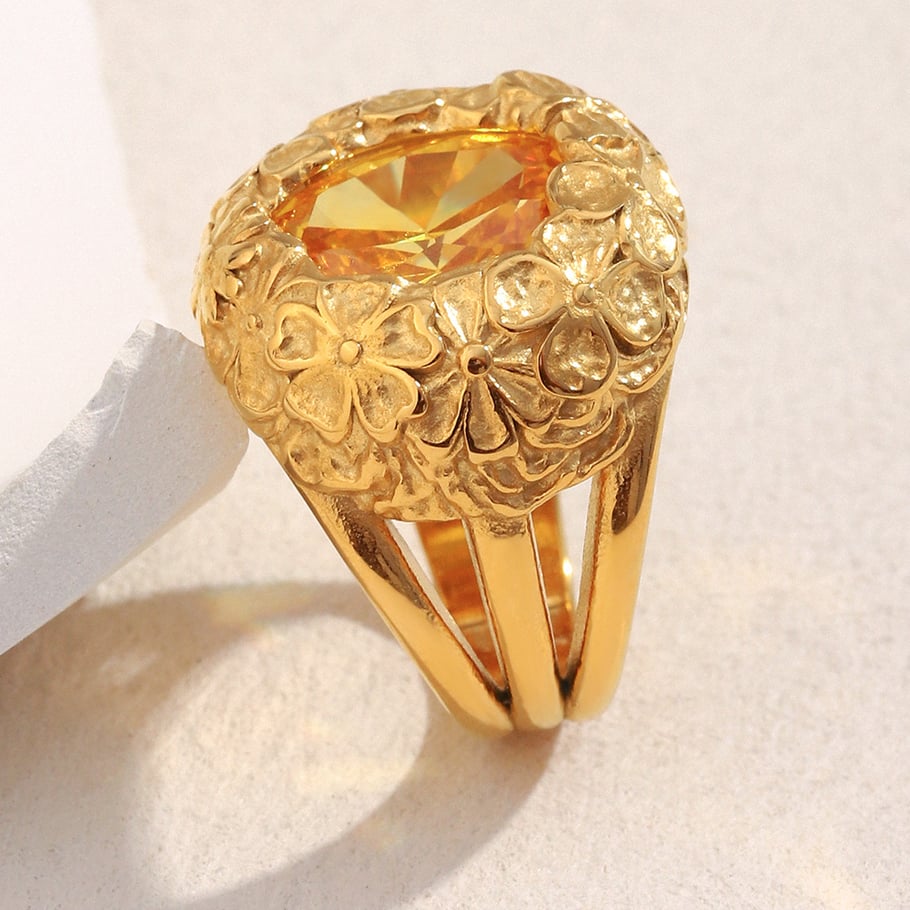 1 Piece Luxurious Retro Flower Stainless Steel Gold Color Statement Ring Picture4