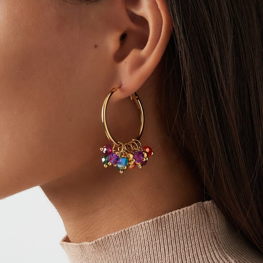 1 paire de boucles d&#39;oreilles créoles pour femme, série luxueuse, perles polychromes, en acier inoxydable couleur or Image3