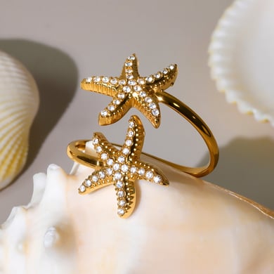 1 pezzo di anello con pietre preziose da donna in acciaio inossidabile color oro a forma di stella marina oceanica h5 Immagine5