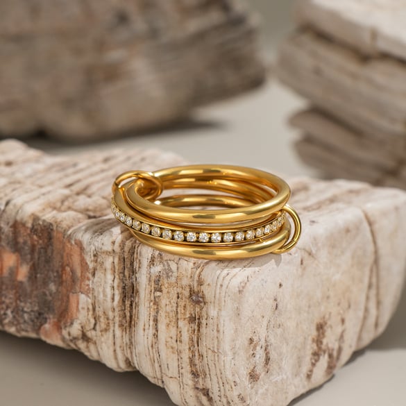 1 stuk eenvoudige patchwork roestvrijstalen statement ringen met gouden strass steentjes