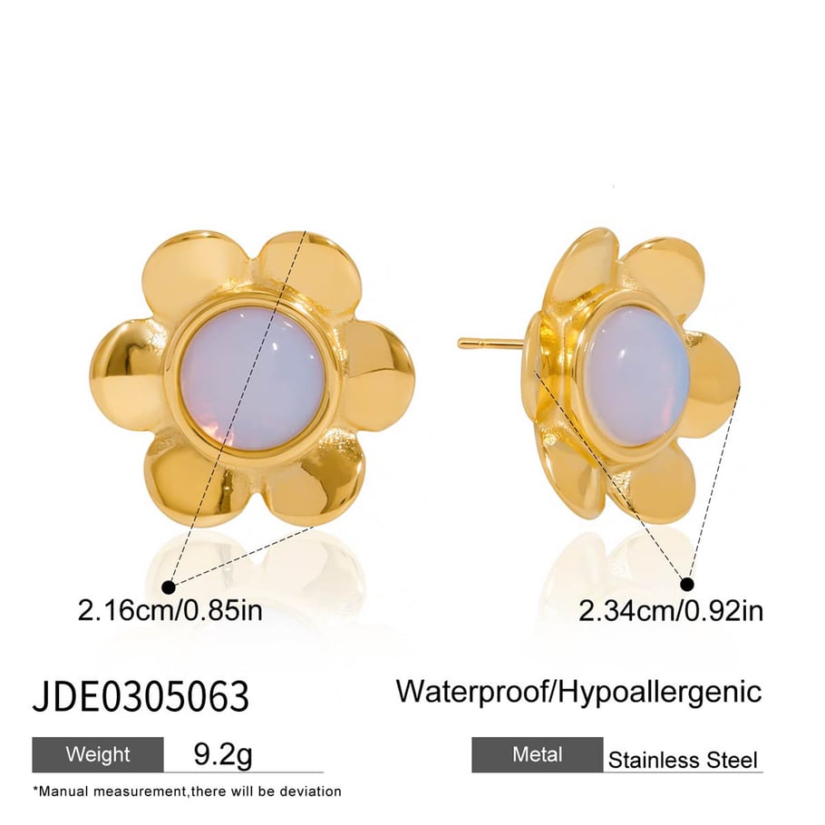 1 par de pendientes clásicos de acero inoxidable con flor de ópalo en color dorado para mujer Imagen2