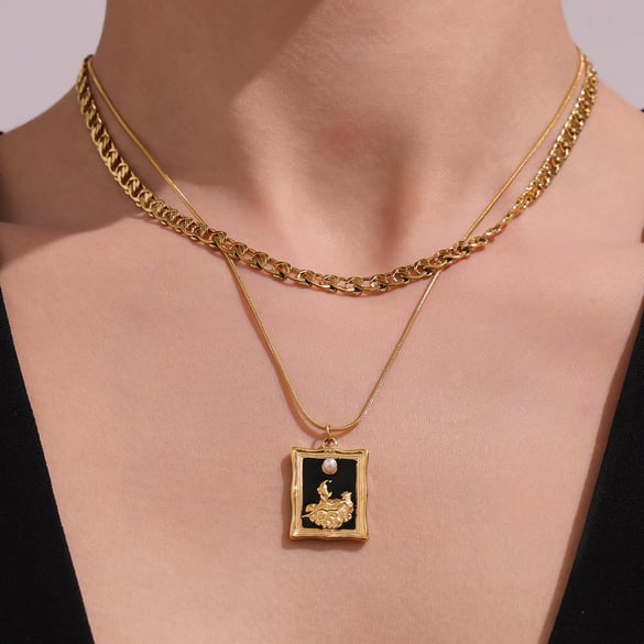 1 Piece Retro Rectangle Stainless Steel Gold Color Women's Layered Necklaces