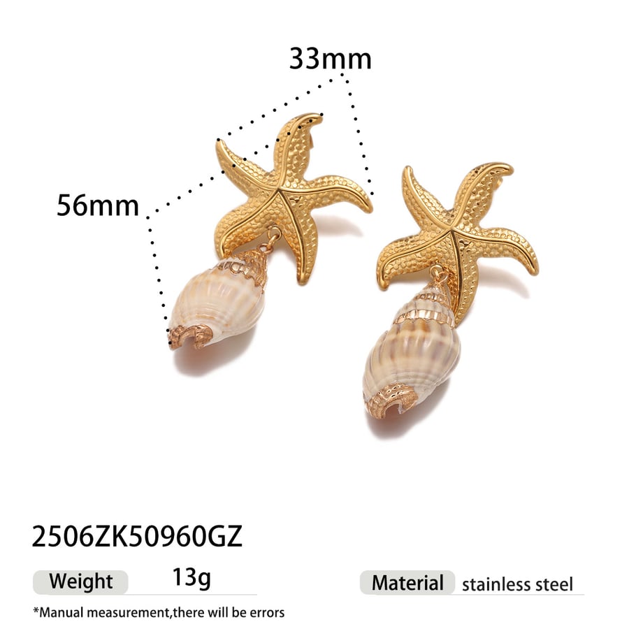 1 Pair Starfish Stainless Steel Gold Color Shell Drop Earrings 