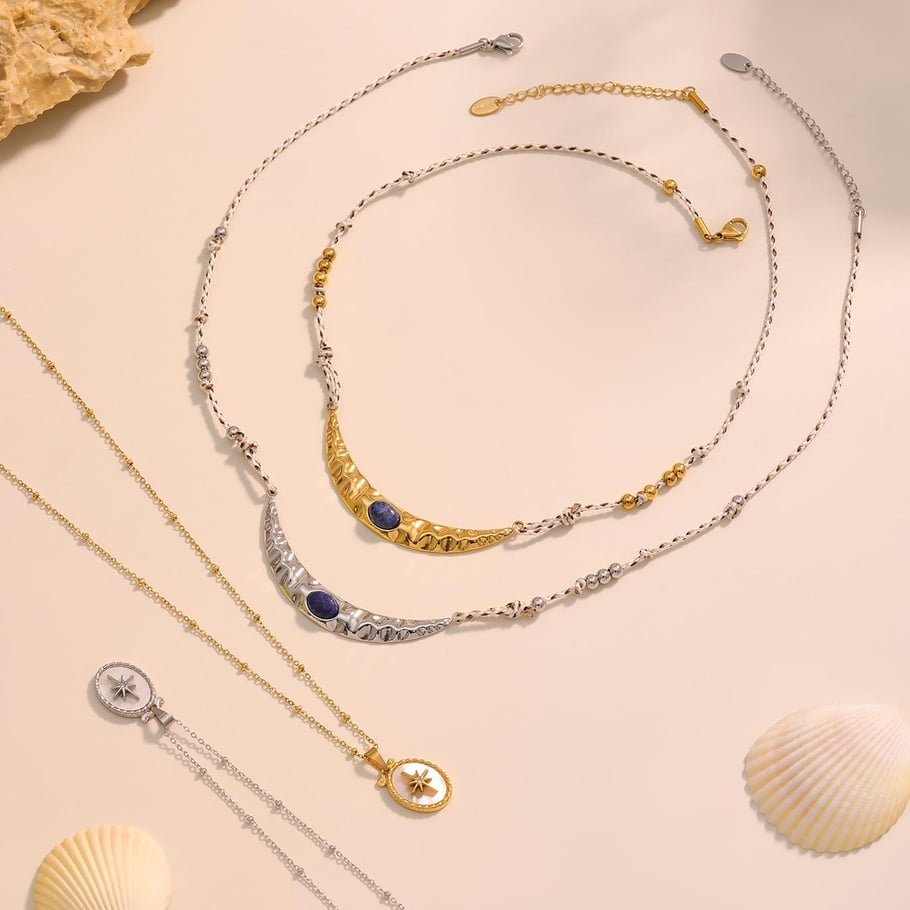 Collana con ciondolo da donna in pietra naturale color oro, 1 pezzo, in acciaio inossidabile chic Immagine8