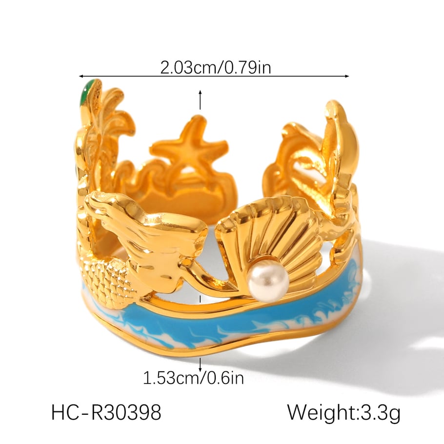 Vacation Turtle Stainless Steel  Gold Color Pearl Statement Rings Picture2