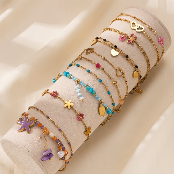 1 Piece Romantic Series Sweet Flower Heart Stainless Steel  Gold Color Beaded Bracelet 2
