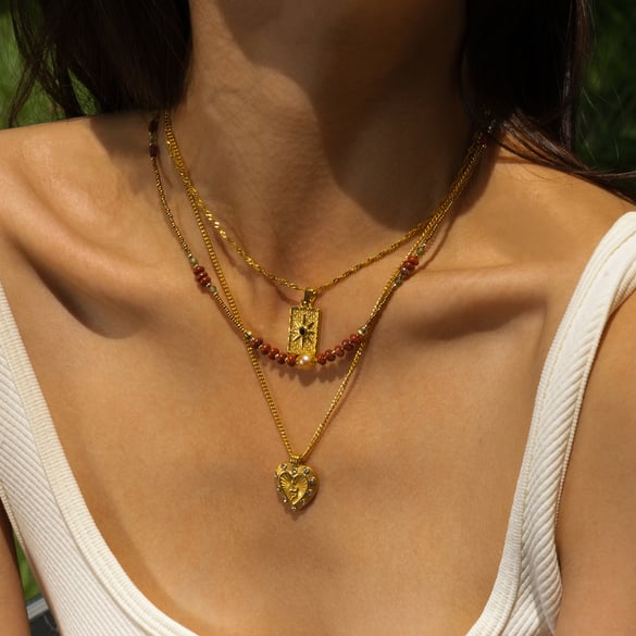 1 Piece Retro Heart Natural Stones  Gold Color Pendant Necklace 2