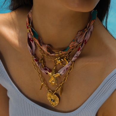 1 Piece Retro Heart Stainless Steel Gold Color Fabric Pendant Necklace h5 Picture3