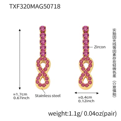 1 paio di lussuosi orecchini a bottone da donna in acciaio inossidabile a forma di infinito con zirconi color oro h5 Immagine2