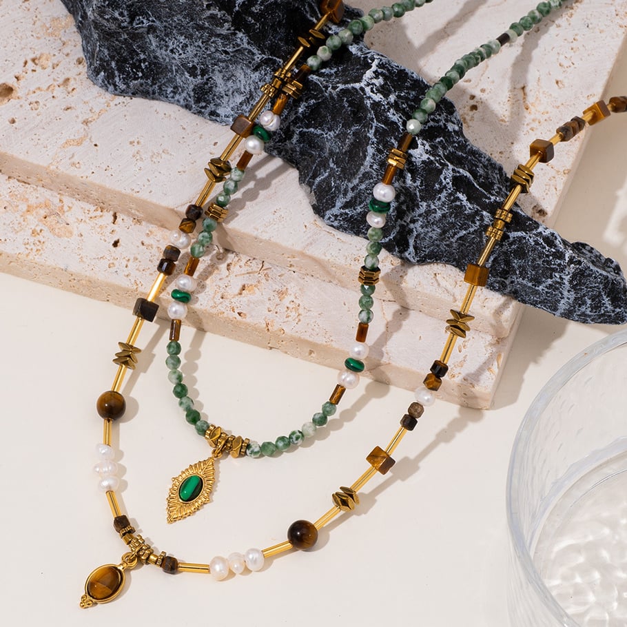 1 Piece Retro Devil's Eye Natural Stones Gold Color Women's Beaded Necklaces Picture3