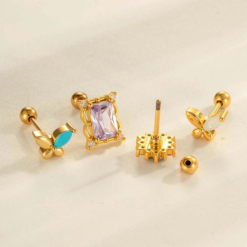 1 Adet Kelebek Bakır Altın Rengi Zirkonyum Piercing Küpe Resim3