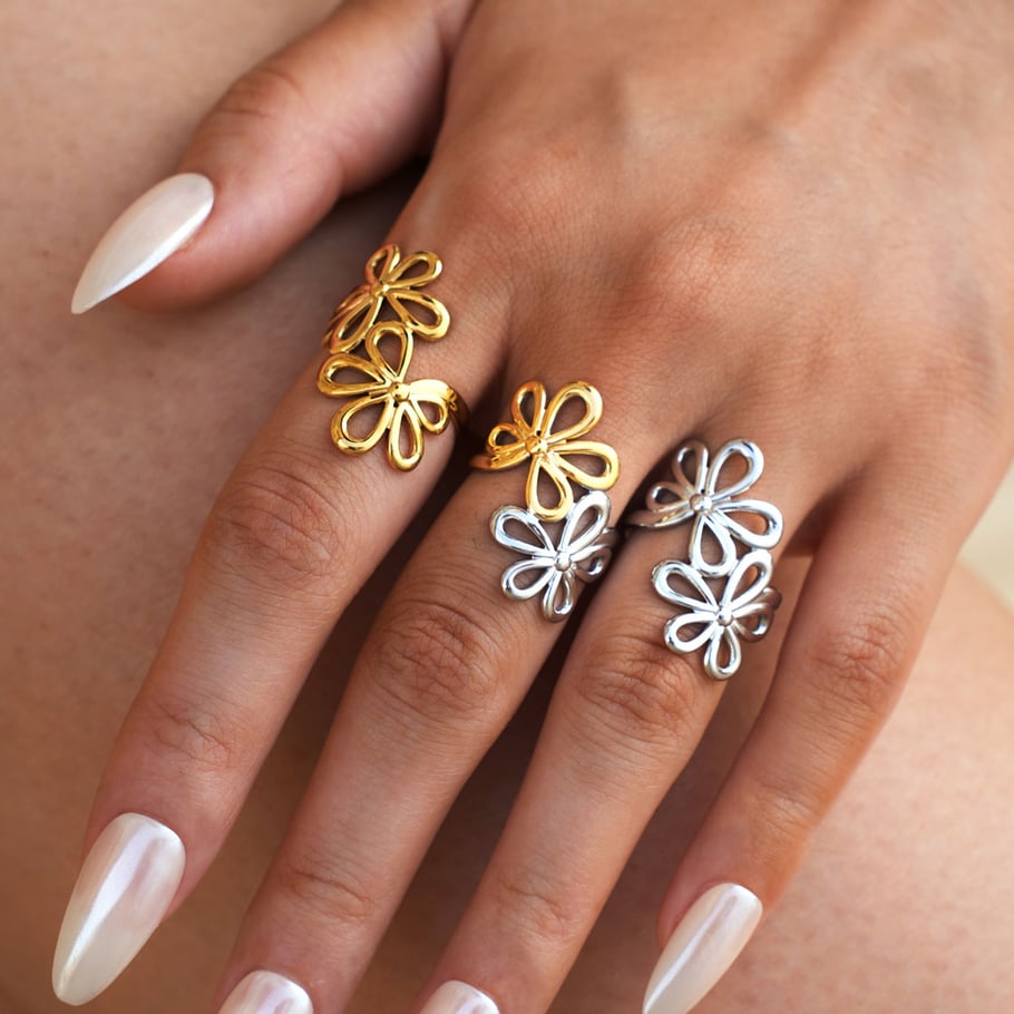 Anelli semplici in acciaio inossidabile color oro con fiore semplice, serie 1 pezzo Immagine5
