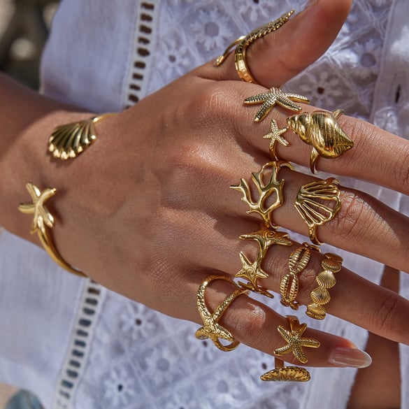 1 Piece Marine Organism Stainless Steel Gold Color Statement Rings 2
