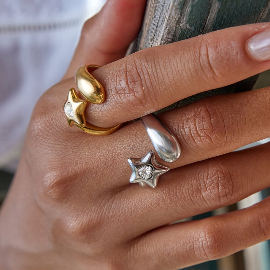 Anillos llamativos de acero inoxidable color oro blanco con diseño de estrella de 1 pieza Imagen2