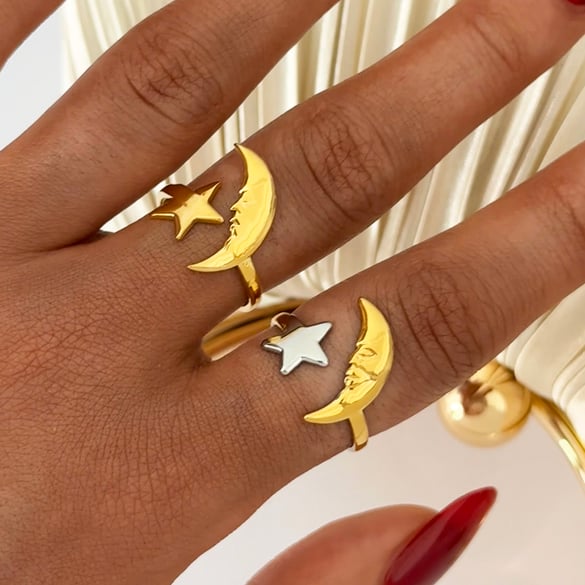 Anillos llamativos de acero inoxidable color dorado con diseño de luna, sencillos e informales, de 1 pieza