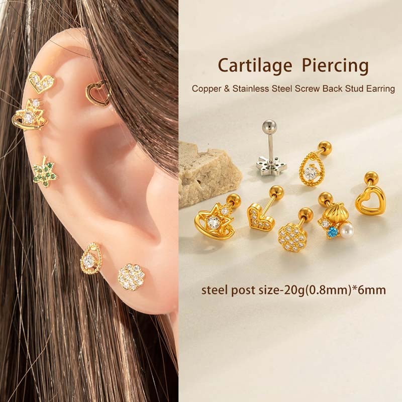 1 pieza elegante de aretes de concha de cobre, color dorado y circonita para mujer Imagen5