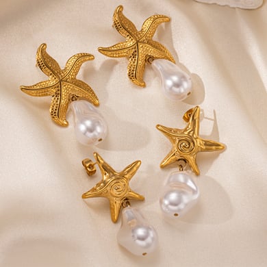 1 Pair Starfish Stainless Steel  Gold Color Drop Earrings h5 Picture3