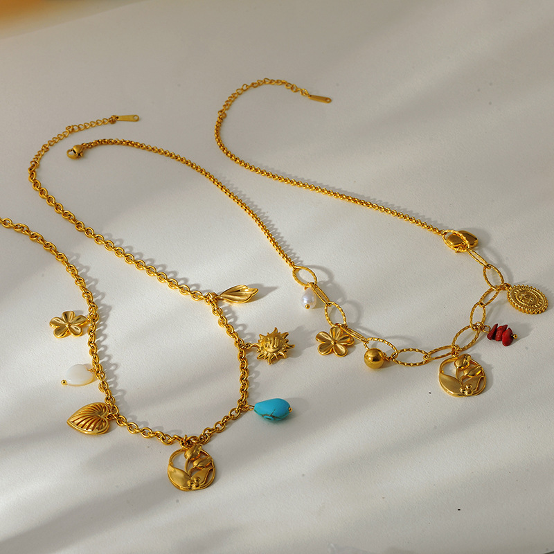 Collier avec pendentif romantique en acier inoxydable pour femme, motif fleur, cœur, soleil h5Image2