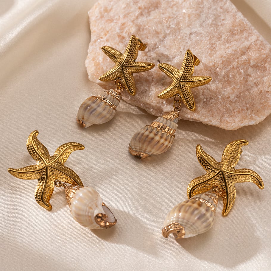 1 Pair Starfish Stainless Steel Gold Color Shell Drop Earrings Picture2