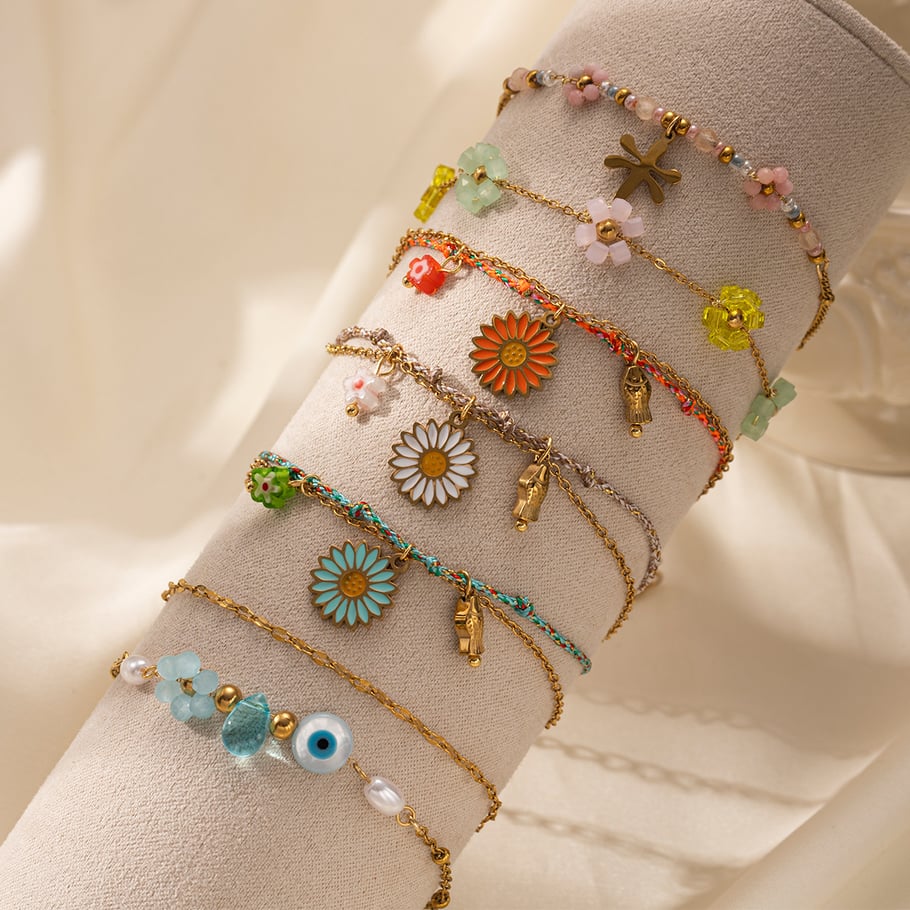 Bracelet à breloques en acier inoxydable couleur or, série romantique, 1 pièce, motif fleur douce Image2